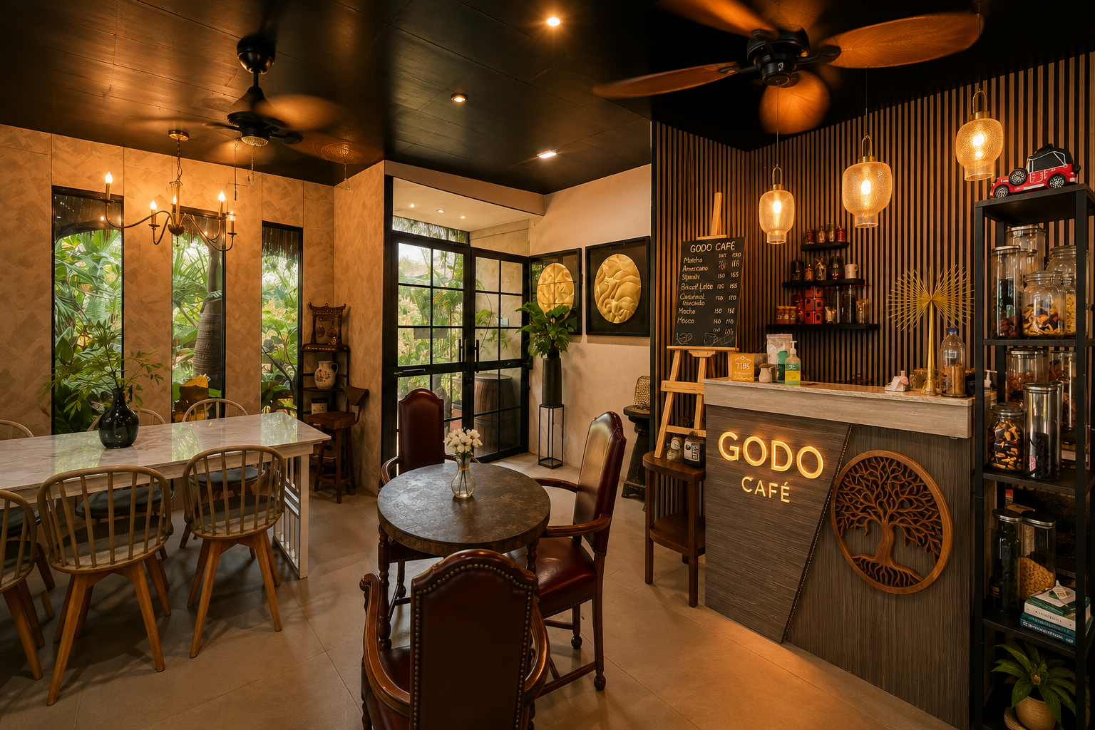 A spacious open-air hall with natural wood beams, overlooking the beach, suited for gatherings.