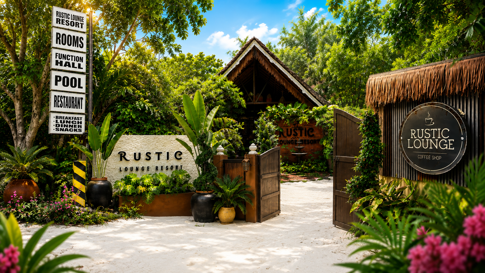 Rustic Lounge Resort surrounded by tropical greenery and white sand.