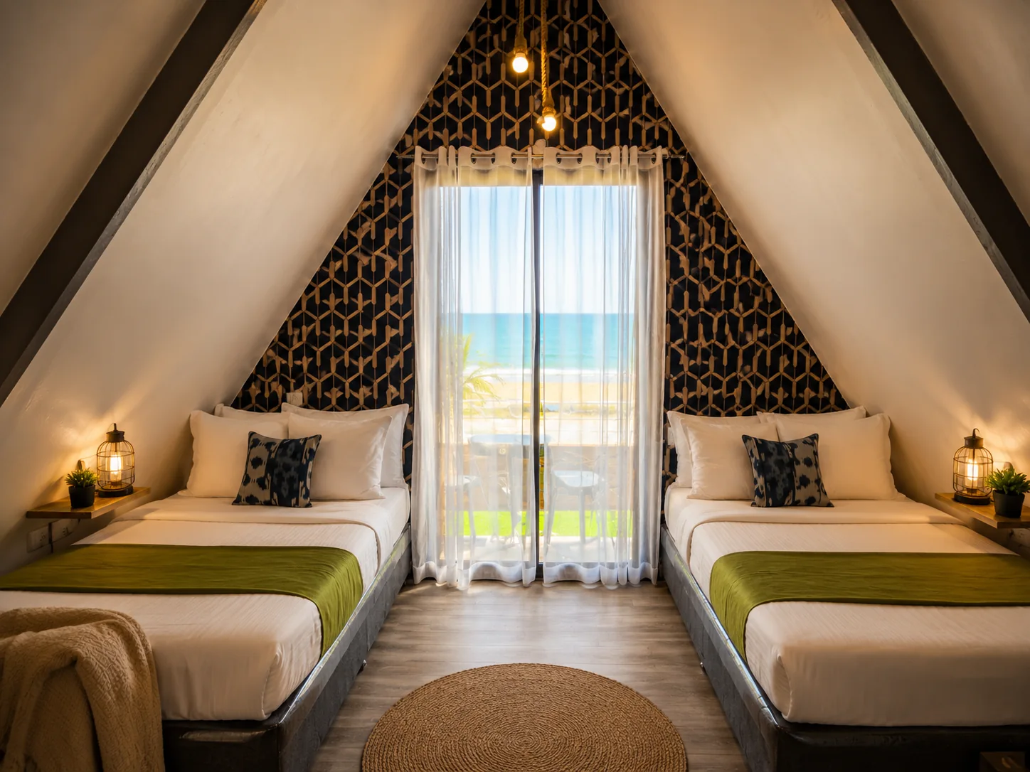 A quiet bedroom with natural textures and an ocean-facing deck.