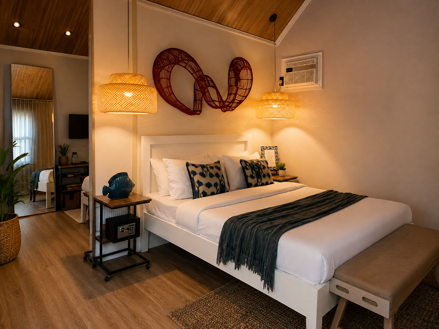 A calm room with a private pool and sea view.