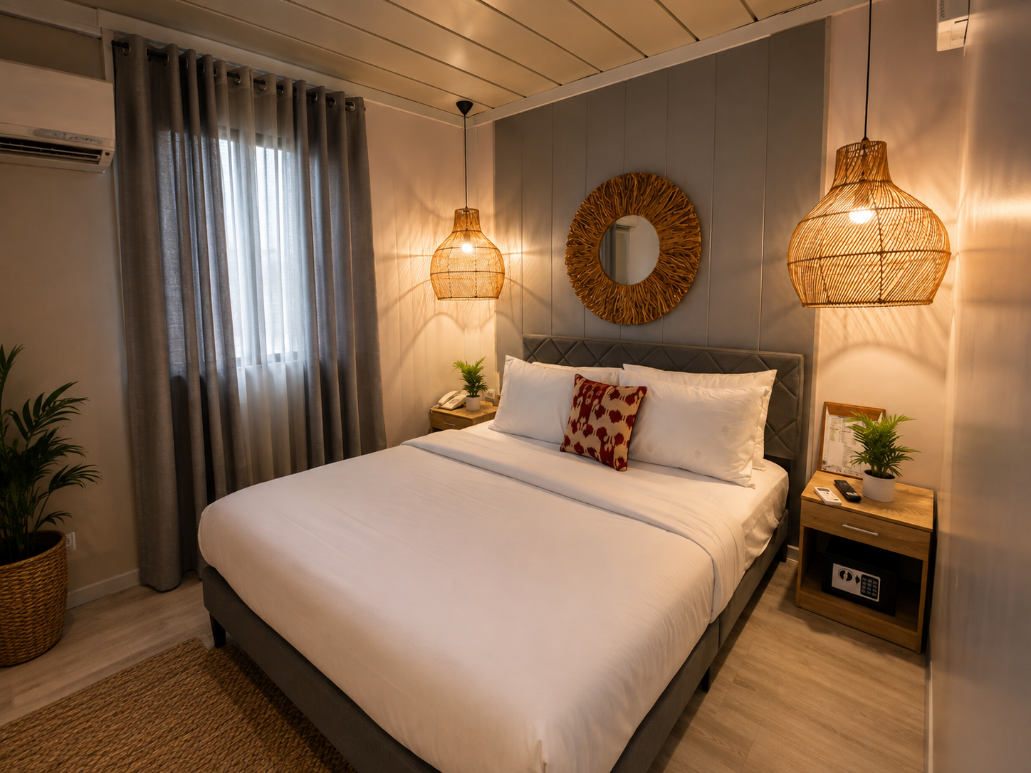 Rustic room interior with soft light at sunset over the water.