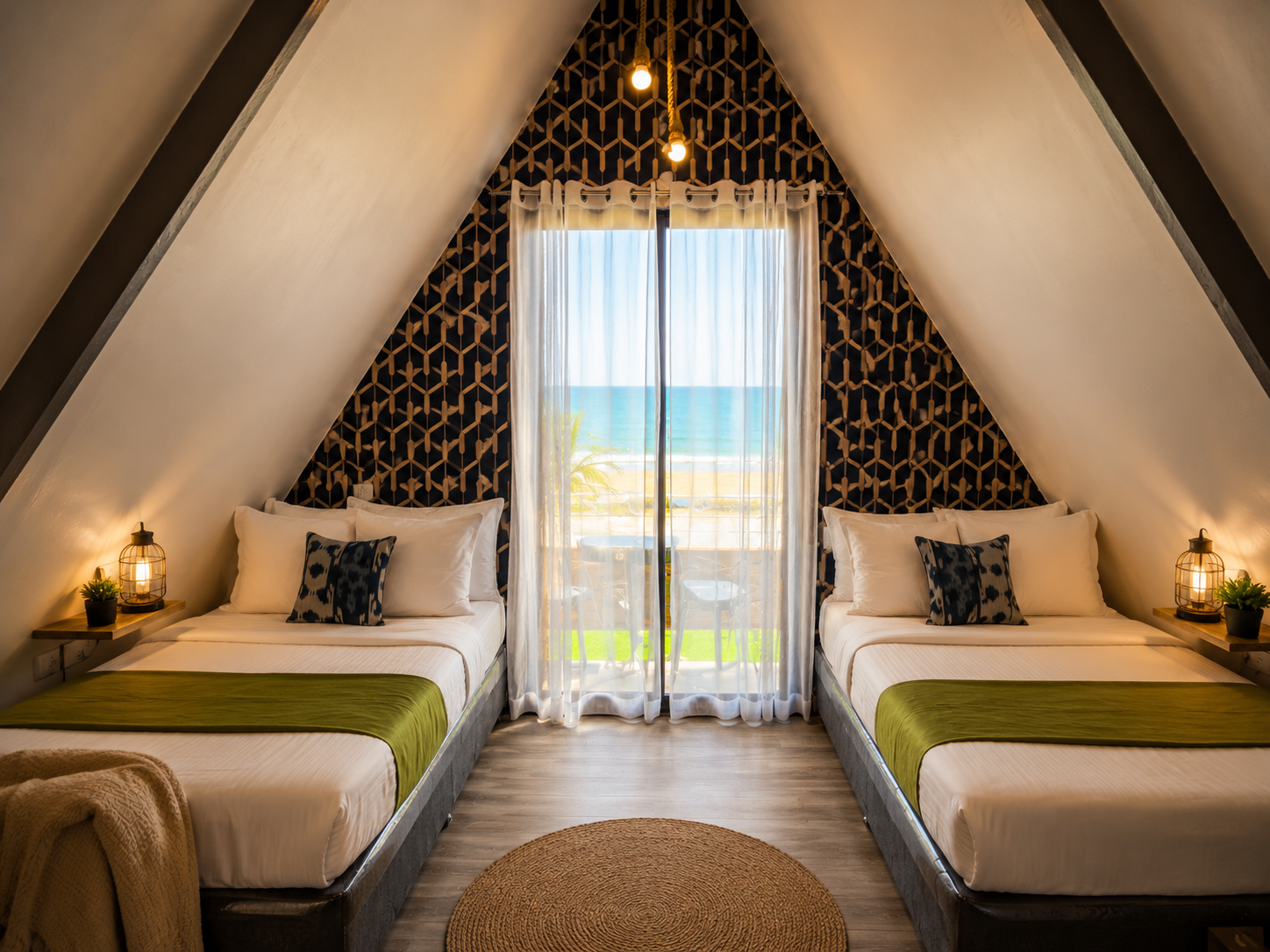 A quiet bedroom with natural textures and an ocean-facing deck.