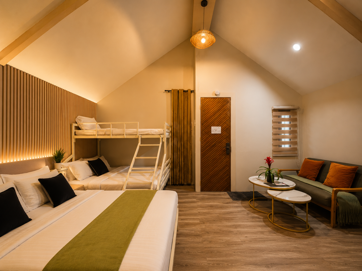 A quiet bedroom with natural textures and an ocean-facing deck.